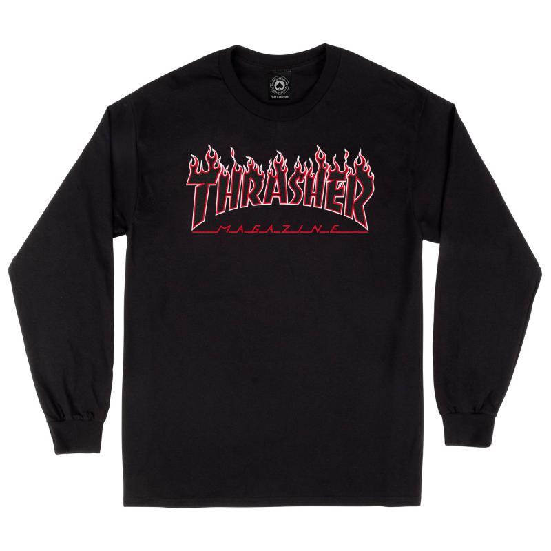 Thrasher Flame Logo Ls Black Red T shirt a manches longues Noir