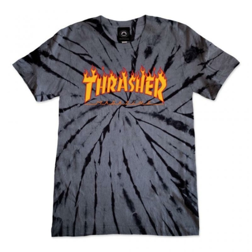 Thrasher Wo Flame Logo Tie Dye Black Grey T shirt Noir