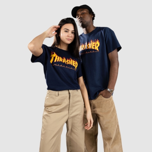 Thrasher Flame Navy T shirt manches courtes Hommes et Femmes